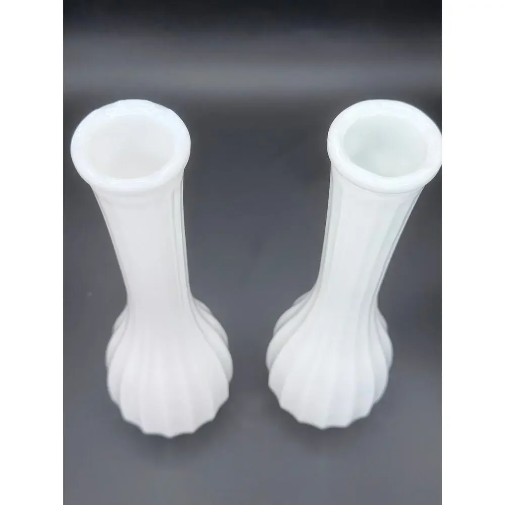 Vintage CLG Co Milk Glass Bud Vases Set of 2 Fluted Scalloped Rim 9.25in